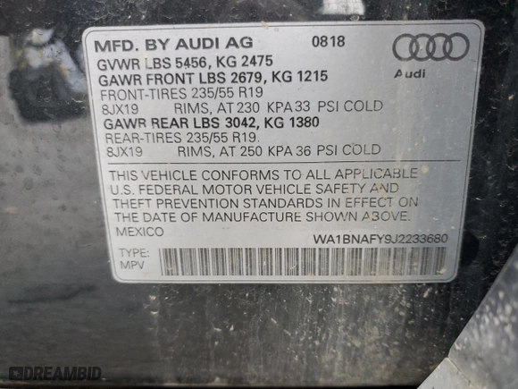 2018 Audi Q5 Premium Plus with VIN WA1BNAFY9J2233680, listed as a Copart auction lot 41747045 with 57,132 mi miles and Salvage Title. Bid and sale history available at carsss.com. Image 14.
