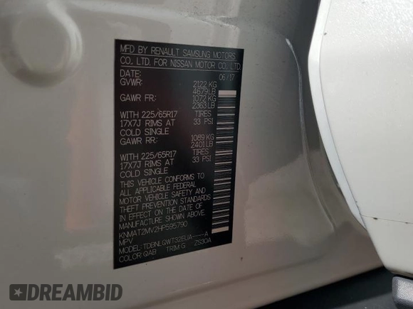 2017 Nissan Rogue SV with VIN KNMAT2MV2HP595790, listed as a Copart auction lot 55877705 with 42,816 mi miles and Salvage title. Bid and sale history available at DreamBid. Image 13.