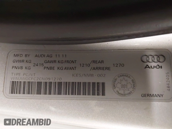 2012 Audi A7 z VIN WAUWGCFC2CN091270, wystawiony jako IAAI lot #41261927 z przebiegiem 109 756 mil mil oraz . Historia ofert i sprzedaży dostępna na DreamBid. Obrazek 9.