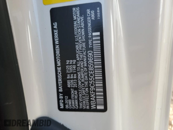 2012 BMW 3 Series 335i xDrive with VIN WBAKF9C55CE859690, listed as a Copart auction lot 74774594 with 89,409 mi miles and Salvage Title. Bid and sale history available at carsss.com. Image 12.