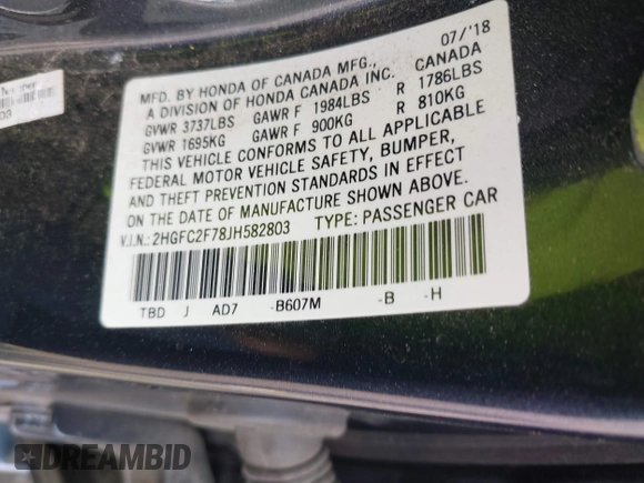 2018 Honda Civic EX with VIN 2HGFC2F78JH582803, listed as a IAAI auction lot 41901090 with 70,898 mi miles and . Bid and sale history available at DreamBid. Image 9.