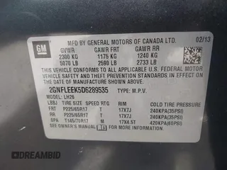 2013 Chevrolet Equinox LT with VIN 2GNFLEEK5D6289535, listed as a IAAI auction lot 41943303 with 228,488 mi miles and . Bid and sale history available at DreamBid. Image 9.