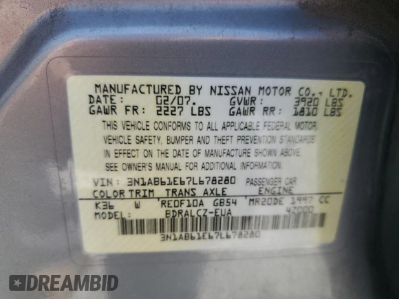 2007 Nissan Sentra S с VIN 3N1AB61E67L678280, выставлен на аукционе Copart как лот 54518325 с пробегом 194 902 миль миль и Чистый • Clean title. История ставок и продаж доступна на DreamBid. Изображение 12.