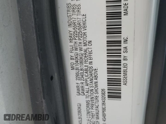 2006 Subaru Legacy Outback XT with VIN 4S4BP68C064320826, listed as a Copart auction lot 48041205 with 155,314 mi miles and Salvage title. Bid and sale history available at DreamBid. Image 12.