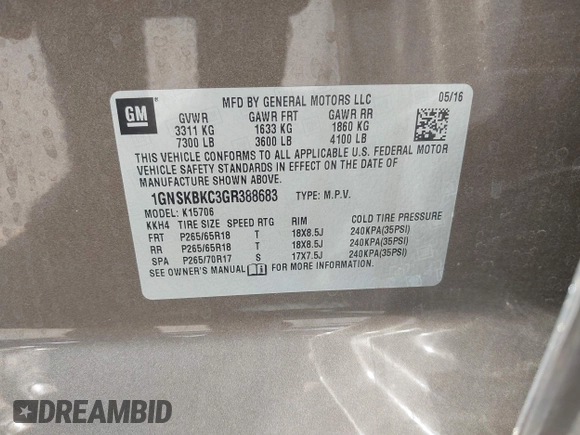 2016 Chevrolet Tahoe LT z VIN 1GNSKBKC3GR388683, wystawiony jako IAAI lot #42100692 z przebiegiem 87 858 mil mil oraz . Historia ofert i sprzedaży dostępna na DreamBid. Obrazek 9.