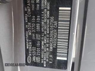 2022 Hyundai Venue Limited z VIN KMHRC8A36NU167366, wystawiony jako Copart lot #50786085 z przebiegiem Nie podano mil oraz Szkoda całkowita • Salvage title. Historia ofert i sprzedaży dostępna na DreamBid. Obrazek 13.