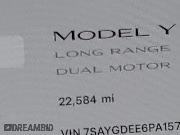 2023 Tesla Model Y Long Range with VIN 7SAYGDEE6PA157652, listed as a IAAI auction lot 41866777 with 22,584 mi miles. Bid and sale history available at carsss.com. Image 15.