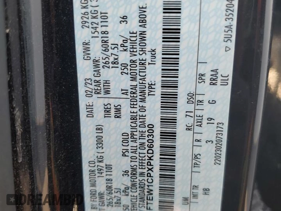 2023 Ford F-150 XL z VIN 1FTEW1CPXPKD60300, wystawiony jako Copart lot #62825095 z przebiegiem Nie podano mil oraz Nie do naprawy • Non repairable. Historia ofert i sprzedaży dostępna na DreamBid. Obrazek 13.