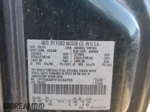2001 Ford Super Duty F-250 XL with VIN 1FTNX20F91EC66932, listed as a Copart auction lot 83177154 with 258,347 mi miles and Salvage Title. Bid and sale history available at carsss.com. Image 12.