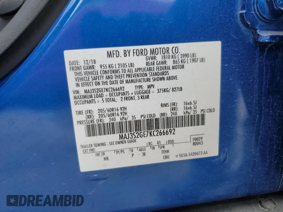 2019 Ford EcoSport SE с VIN MAJ3S2GE7KC266692, выставлен на аукционе Copart как лот 56165635 с пробегом 88 371 миль миль и На запчасти • Non repairable. История ставок и продаж доступна на DreamBid. Изображение 13.