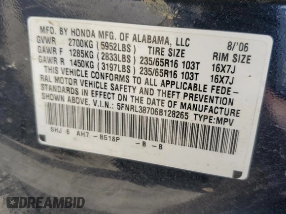 2006 Honda Odyssey EX-L z VIN 5FNRL38706B128265, wystawiony jako Copart lot #58715415 z przebiegiem 377 656 mil mil oraz Szkoda całkowita • Salvage title. Historia ofert i sprzedaży dostępna na DreamBid. Obrazek 13.
