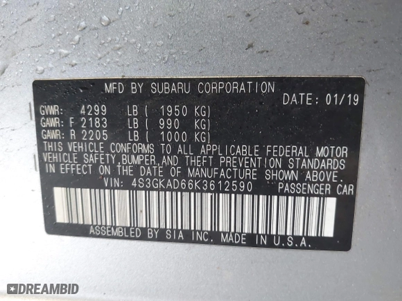 2019 Subaru Impreza Premium with VIN 4S3GKAD66K3612590, listed as a IAAI auction lot 41342220 with 21,613 mi miles. Bid and sale history available at carsss.com. Image 9.