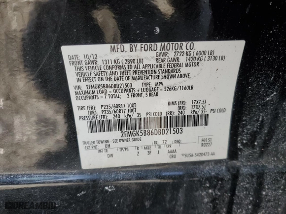 2013 Ford Flex SE with VIN 2FMGK5B86DBD21503, listed as a Copart auction lot 42444435 with 138,717 mi miles and Salvage Title. Bid and sale history available at carsss.com. Image 15.