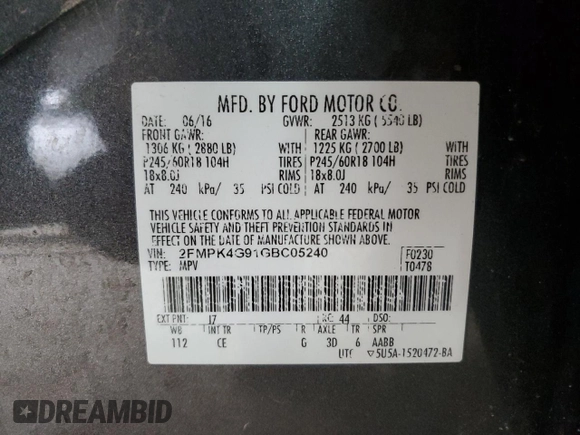 2016 Ford Edge SE with VIN 2FMPK4G91GBC05240, listed as a Copart auction lot 61814185 with 176,267 mi miles and Clean title. Bid and sale history available at DreamBid. Image 13.