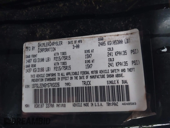 2000 Dodge Dakota with VIN 1B7GL22X6YS703226, listed as a IAAI auction lot 40849454 with 105,990 mi miles. Bid and sale history available at carsss.com. Image 9.