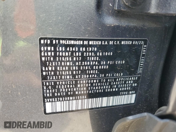 2024 Volkswagen Taos S с VIN 3VV5X7B29RM015584, выставлен на аукционе Copart как лот 57686995 с пробегом 32 164 миль миль и Чистый • Clean title. История ставок и продаж доступна на DreamBid. Изображение 13.