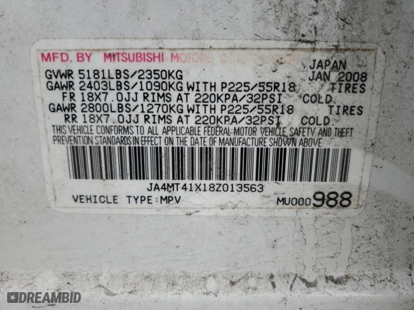2008 Mitsubishi Outlander XLS with VIN JA4MT41X18Z013563, listed as a Copart auction lot 83384514 with 148,032 mi miles and Salvage Title. Bid and sale history available at carsss.com. Image 13.
