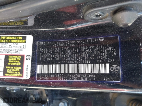 2022 Toyota Camry XSE z VIN 4T1K61AK2NU014488, wystawiony jako IAAI lot #41609668 z przebiegiem Nie podano mil oraz . Historia ofert i sprzedaży dostępna na DreamBid. Obrazek 9.