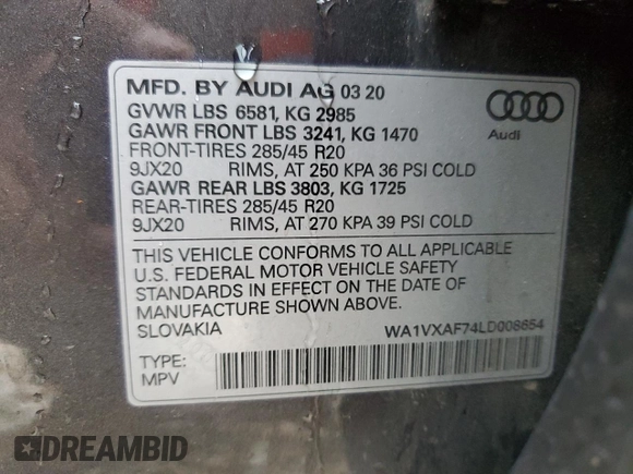 2020 Audi Q7 Prestige with VIN WA1VXAF74LD008654, listed as a Copart auction lot 50490785 with 65,868 mi miles and Salvage title. Bid and sale history available at DreamBid. Image 15.