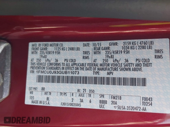 2016 Ford Escape Titanium with VIN 1FMCU0J93GUB11073, listed as a IAAI auction lot 41751349 with 92,000 mi miles. Bid and sale history available at carsss.com. Image 9.