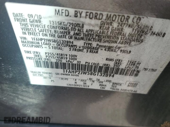 2011 Ford Taurus Limited с VIN 1FAHP2JW5BG132894, выставлен на аукционе Copart как лот 46996815 с пробегом 76 980 миль миль и Списание • Salvage title. История ставок и продаж доступна на DreamBid. Изображение 14.