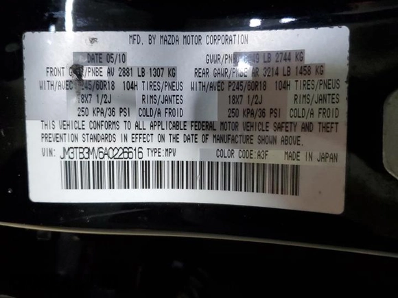2010 Mazda CX-9 Sport with VIN JM3TB3MV6A0226616, listed as a Copart auction lot 87721225 with 134,372 mi miles and Salvage Title. Bid and sale history available at carsss.com. Image 13.