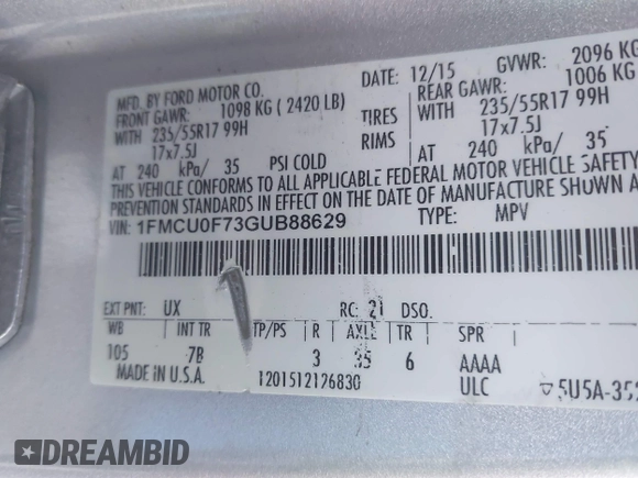2016 Ford Escape S with VIN 1FMCU0F73GUB88629, listed as a IAAI auction lot 42875770 with 141,277 mi miles and . Bid and sale history available at DreamBid. Image 9.