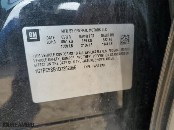 2013 Chevrolet Cruze 1LT with VIN 1G1PC5SB1D7262956, listed as a Copart auction lot 48146305 with 117,586 mi miles and Clean Title. Bid and sale history available at carsss.com. Image 12.