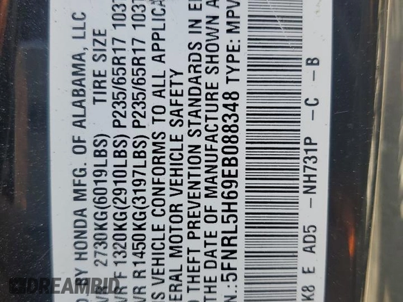 2014 Honda Odyssey EX-L with VIN 5FNRL5H69EB088348, listed as a Copart auction lot 55472845 with 83,222 mi miles and Clean title. Bid and sale history available at DreamBid. Image 13.