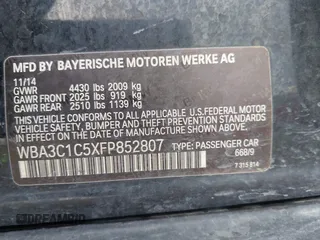 2015 BMW 3 Series 328i with VIN WBA3C1C5XFP852807, listed as a IAAI auction lot 42043565 with 120,048 mi miles and . Bid and sale history available at carsss.com. Image 9.