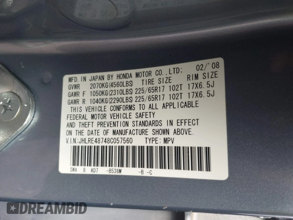 2008 Honda CR-V EX-L with VIN JHLRE48748C057560, listed as a IAAI auction lot 41749846 with 215,039 mi miles. Bid and sale history available at carsss.com. Image 9.