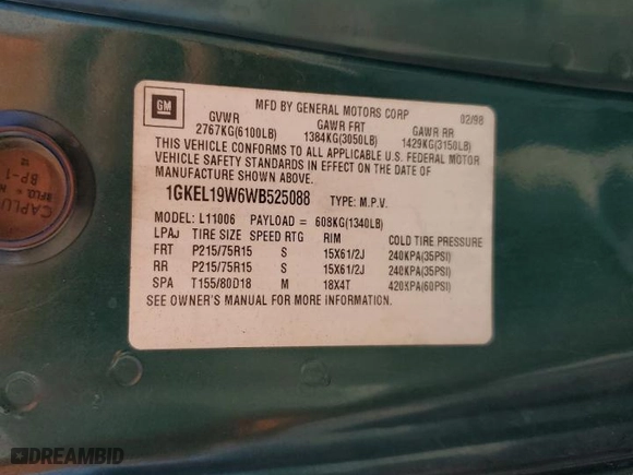 1998 GMC Safari Passenger with VIN 1GKEL19W6WB525088, listed as a Copart auction lot 67982664 with 163,182 mi miles and Salvage Title. Bid and sale history available at carsss.com. Image 13.