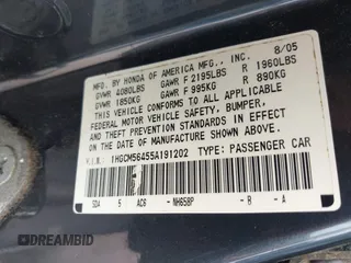 2005 Honda Accord LX z VIN 1HGCM56455A191202, wystawiony jako IAAI lot #42347658 z przebiegiem 222 365 mil mil oraz . Historia ofert i sprzedaży dostępna na DreamBid. Obrazek 9.