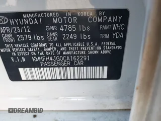 2012 Hyundai Azera with VIN KMHFH4JG0CA162291, listed as a IAAI auction lot 41012822 with 205,531 mi miles. Bid and sale history available at carsss.com. Image 9.