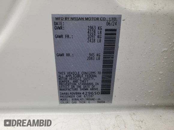 2024 Nissan Altima SV with VIN 1N4BL4DV8RN429650, listed as a Copart auction lot 55502375 with 18,009 mi miles and Salvage Title. Bid and sale history available at DreamBid. Image 12.
