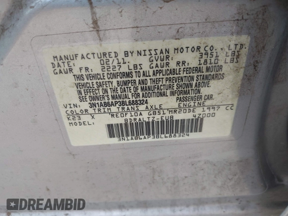 2011 Nissan Sentra S with VIN 3N1AB6AP3BL688324, listed as a IAAI auction lot 42670927 with 204,774 mi miles and . Bid and sale history available at DreamBid. Image 9.