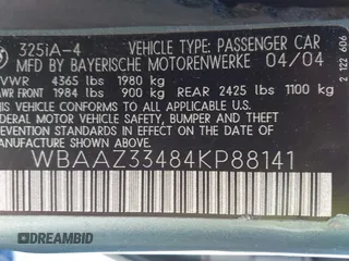 2004 BMW 3 Series 325i with VIN WBAAZ33484KP88141, listed as a IAAI auction lot 42038373 with 275,058 mi miles. Bid and sale history available at carsss.com. Image 9.
