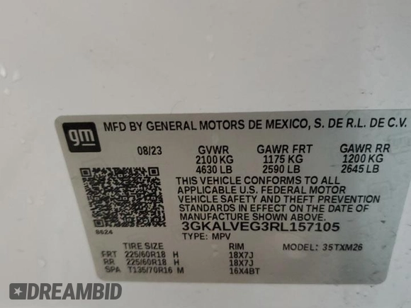 2024 GMC Terrain SLT с VIN 3GKALVEG3RL157105, выставлен на аукционе Copart как лот 58046825 с пробегом 32 700 миль миль и На запчасти • Non repairable. История ставок и продаж доступна на DreamBid. Изображение 14.
