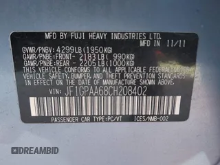 2012 Subaru Impreza 2.0i с VIN JF1GPAA68CH208402, выставлен на аукционе IAAI как лот 41248834 с пробегом 105 263 миль миль и . История ставок и продаж доступна на DreamBid. Изображение 9.