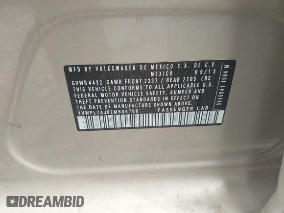 2014 Volkswagen Jetta TDI w/Sunroof with VIN 3VWPL7AJ8EM606766, listed as a IAAI auction lot 42440965 with 96,404 mi miles and . Bid and sale history available at DreamBid. Image 9.