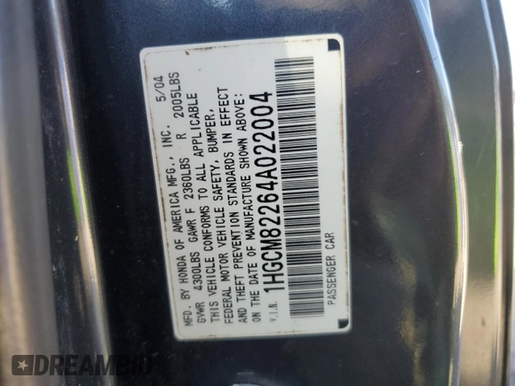 2004 Honda Accord LX z VIN 1HGCM82264A022004, wystawiony jako Copart lot #75241474 z przebiegiem 191 377 mil mil oraz Szkoda całkowita • Salvage title. Historia ofert i sprzedaży dostępna na DreamBid. Obrazek 14.