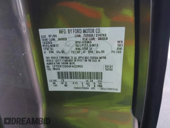 2004 Ford F-150 XL с VIN 1FTPX12504FA23905, выставлен на аукционе IAAI как лот 42321422 с пробегом 222 307 миль миль и . История ставок и продаж доступна на DreamBid. Изображение 9.