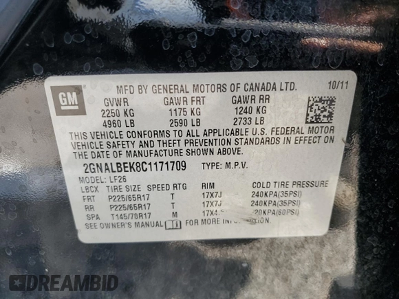 2012 Chevrolet Equinox LS with VIN 2GNALBEK8C1171709, listed as a Copart auction lot 55756145 with 221,180 mi miles and Clean Title. Bid and sale history available at DreamBid. Image 13.