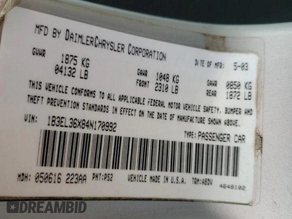 2004 Dodge Stratus SE with VIN 1B3EL36X84N170992, listed as a Copart auction lot 51904775 with 73,648 mi miles and Salvage Title. Bid and sale history available at DreamBid. Image 14.