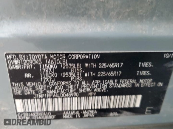 2020 Toyota RAV4 XLE with VIN JTMP1RFV4LD048990, listed as a Copart auction lot 85850564 with 122,230 mi miles and Salvage Title. Bid and sale history available at carsss.com. Image 13.