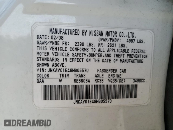 2008 Infiniti M с VIN JNKAY01E48M605570, выставлен на аукционе Copart как лот 53136005 с пробегом 215 715 миль миль и Списание • Salvage title. История ставок и продаж доступна на DreamBid. Изображение 12.