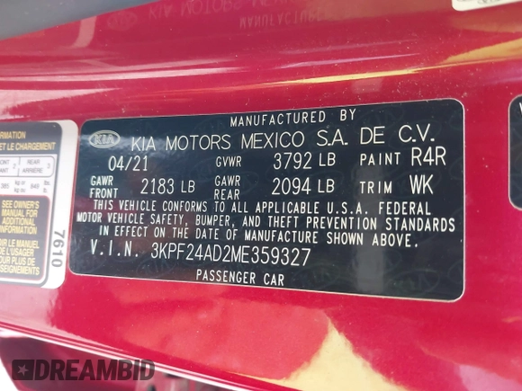 2021 Kia Forte LXS with VIN 3KPF24AD2ME359327, listed as a IAAI auction lot 42160374 with 79,058 mi miles and . Bid and sale history available at DreamBid. Image 9.