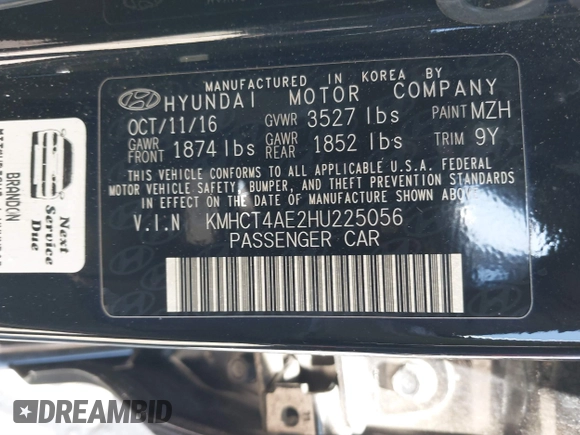 2017 Hyundai Accent SE with VIN KMHCT4AE2HU225056, listed as a IAAI auction lot 41611815 with 93,855 mi miles. Bid and sale history available at carsss.com. Image 9.