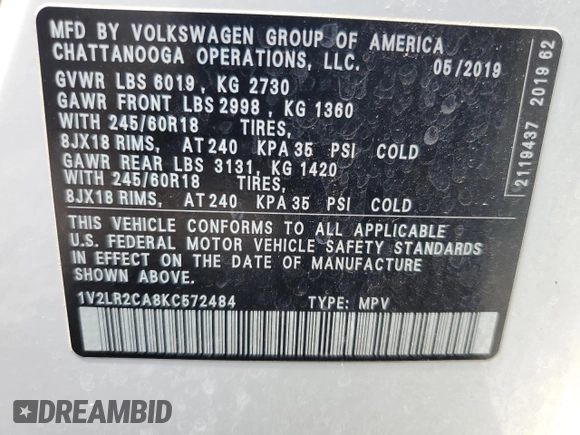 2019 Volkswagen Atlas SE with VIN 1V2LR2CA8KC572484, listed as a Copart auction lot 60793785 with 100,311 mi miles and Salvage title. Bid and sale history available at DreamBid. Image 13.