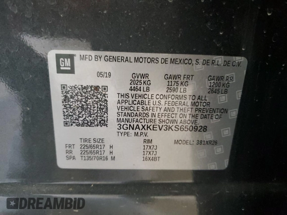 2019 Chevrolet Equinox LT with VIN 3GNAXKEV3KS650928, listed as a Copart auction lot 54019385 with 10,548 mi miles and Salvage Title. Bid and sale history available at carsss.com. Image 13.